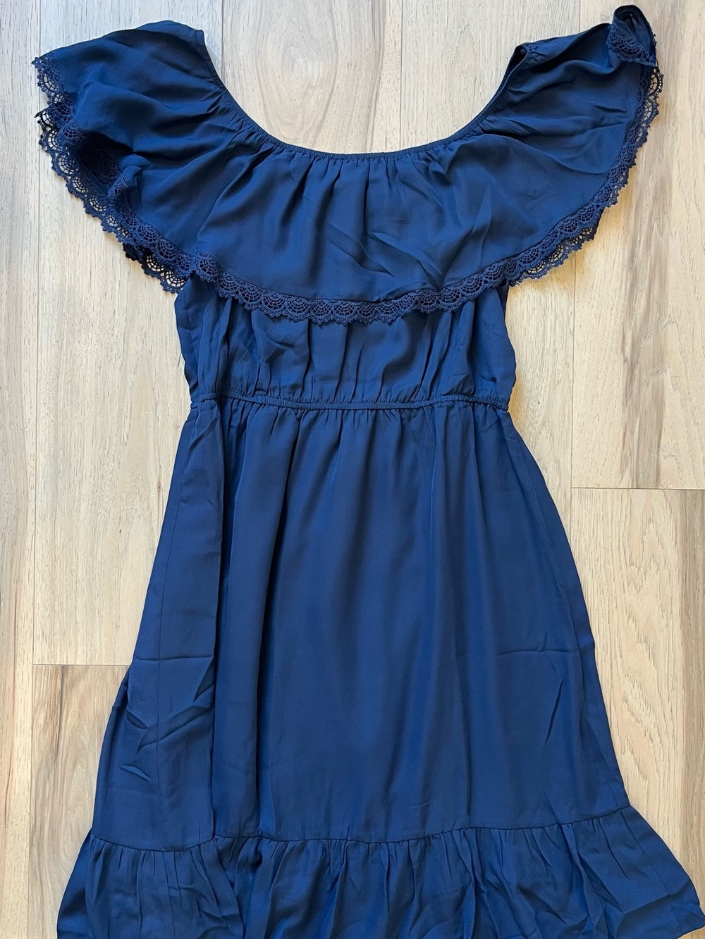 Women’s Hem and Thread Navy Off-Shoulder Ruffle Dress